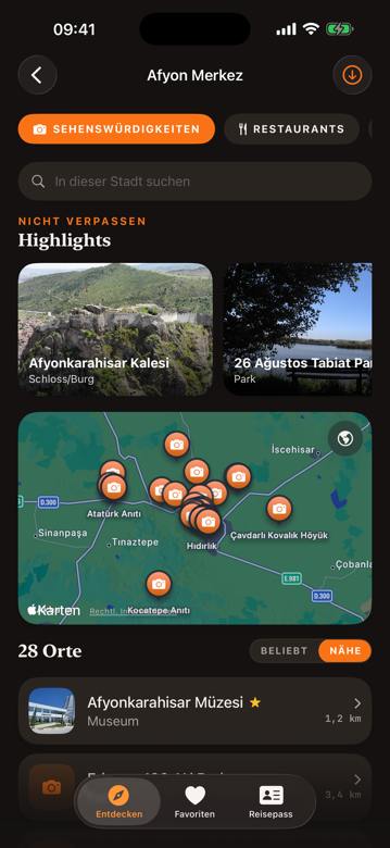Dunya Stadtansicht mit Highlights, Karte und Kategorien