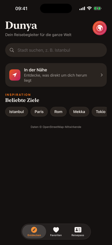 Dunya Startseite mit Städtesuche und Bordkarten