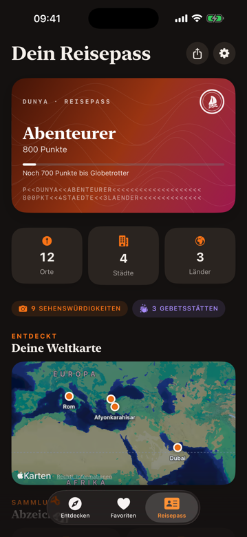 Dunya-App: digitaler Reisepass mit Rang, Punkten und Weltkarte